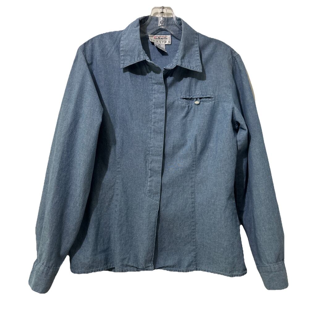 Talbots Petites Chambray Shirt Top Size PS Blue Button Up Western Casual Classic